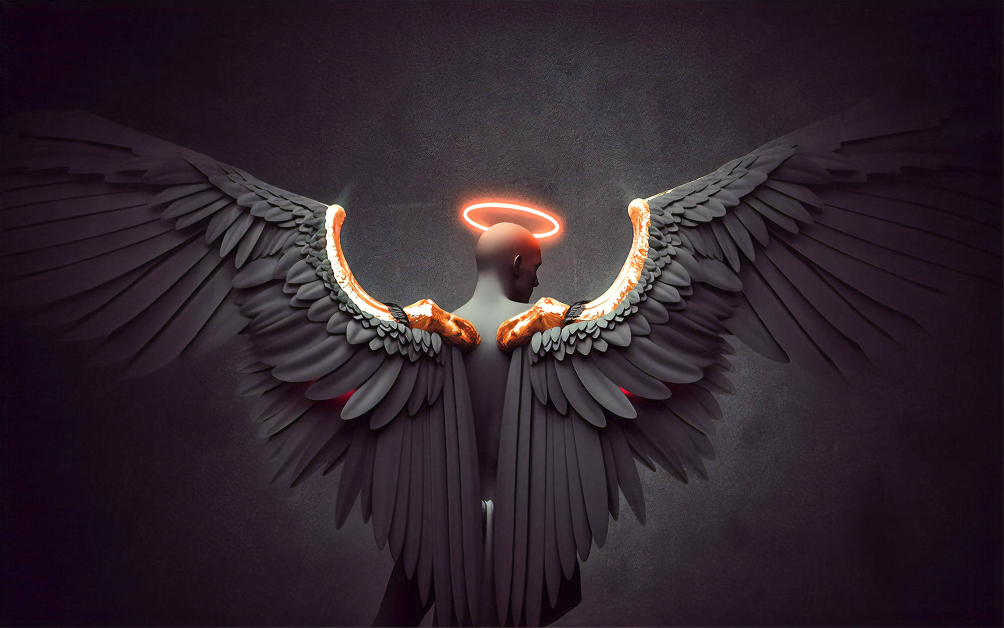 Dark Angel Wings, glowing halo, shadowed darkness, Full HD Desktop Wallpaper