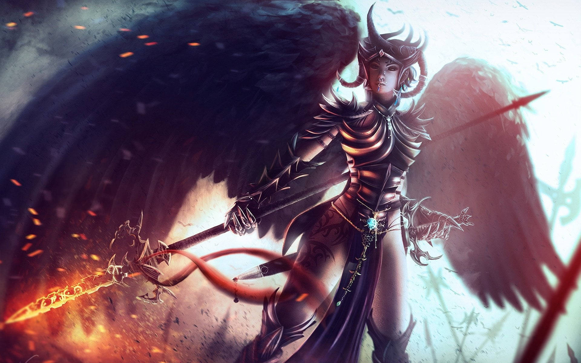 warrior, black angel wings, ornate armor, Full HD Desktop Wallpaper