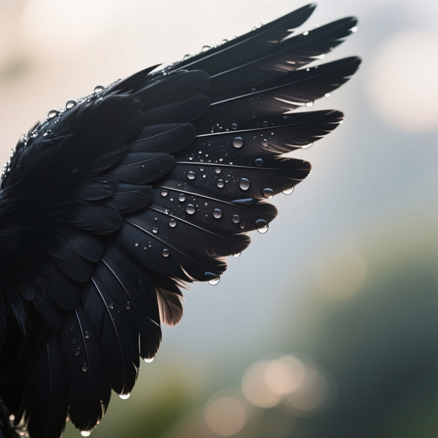 black bird's wing, glistening water droplets, soft blurred background, HD Desktop Wallpaper