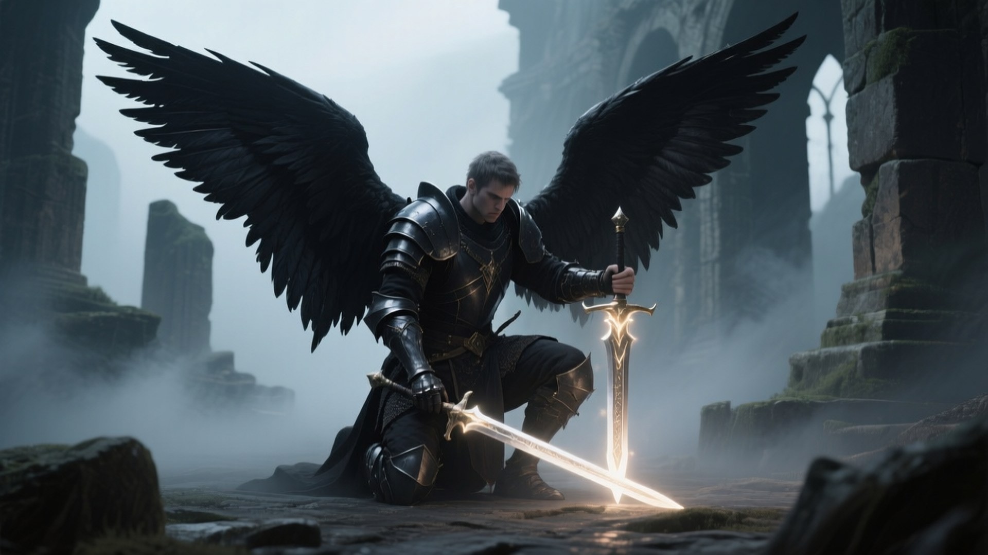 Warrior Angel, glowing sword, dark-winged armored warrior, Full HD Desktop Wallpaper
