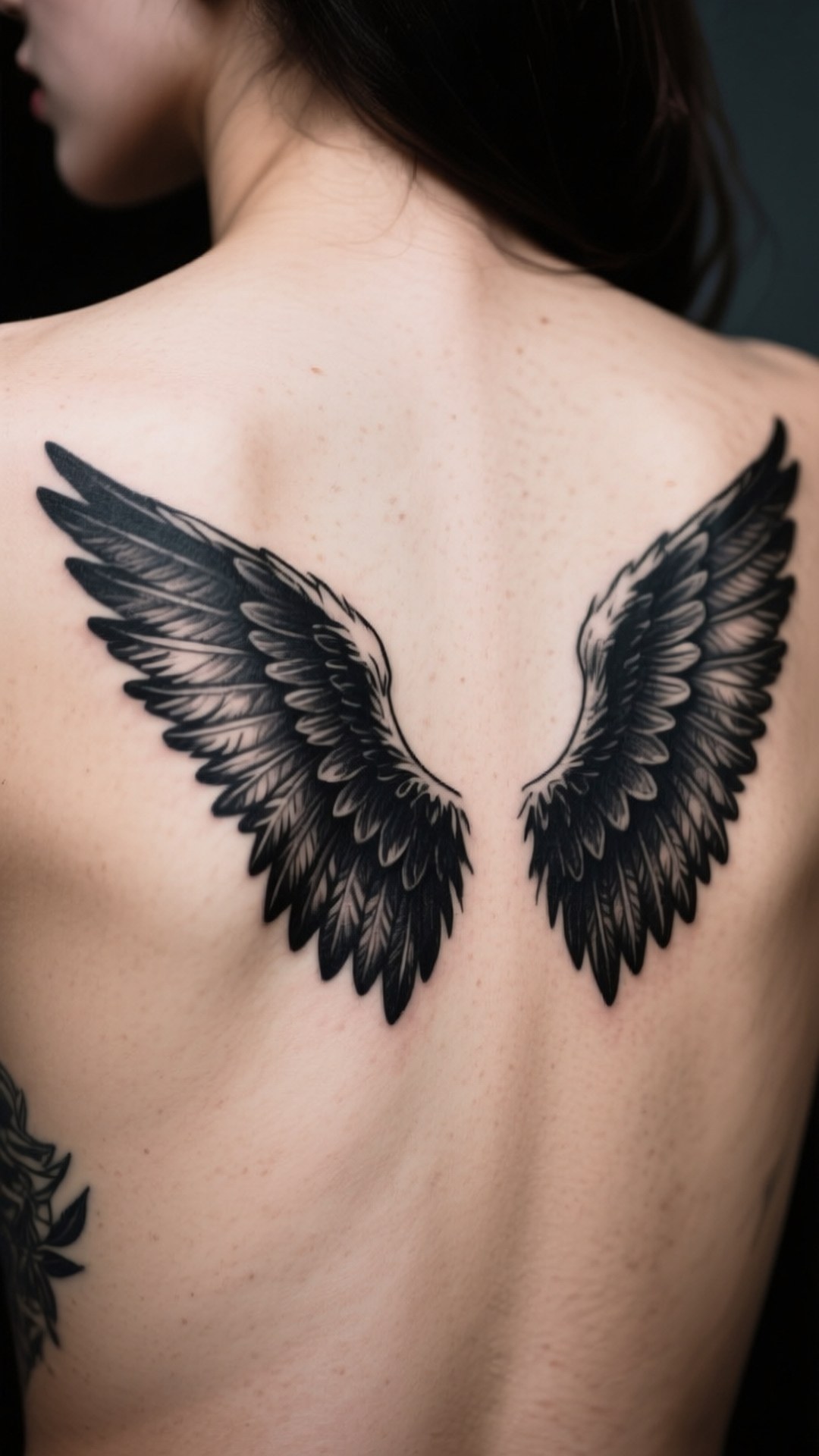 black and grey angel wing tattoo, bare back, large detailed, Full HD Phone Wallpaper