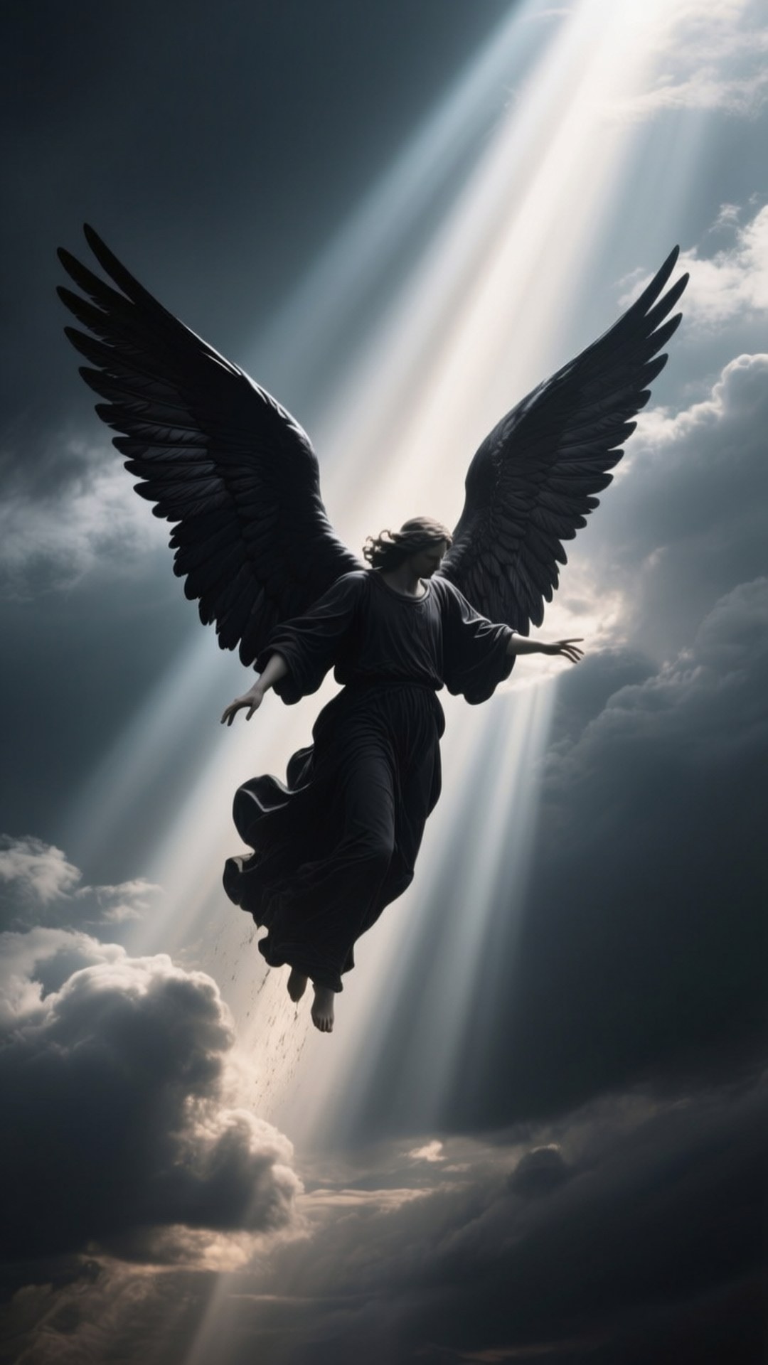 descending dark angel, dark-winged angel, flowing robes, Full HD Phone Wallpaper