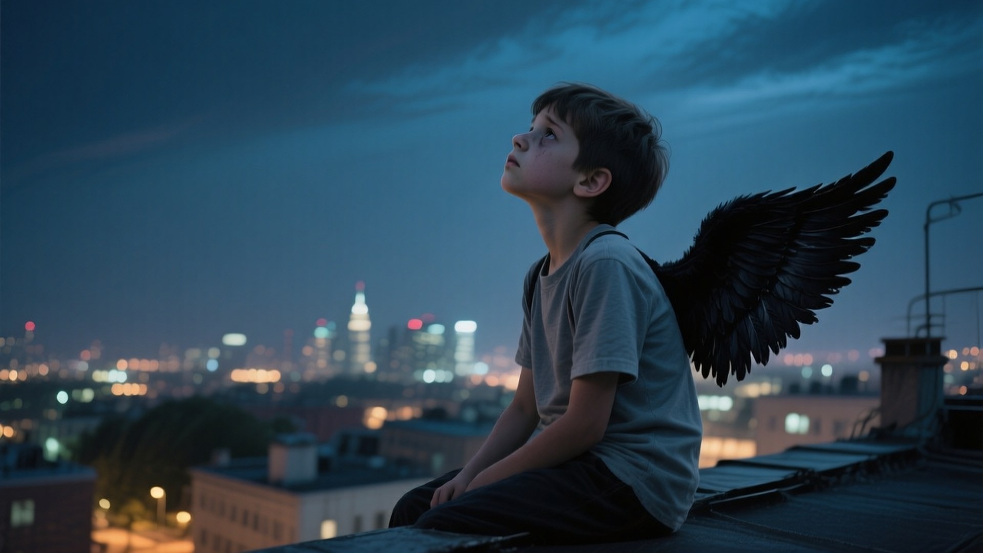 boy, black feathered wings, rooftop, Full HD Desktop Wallpaper