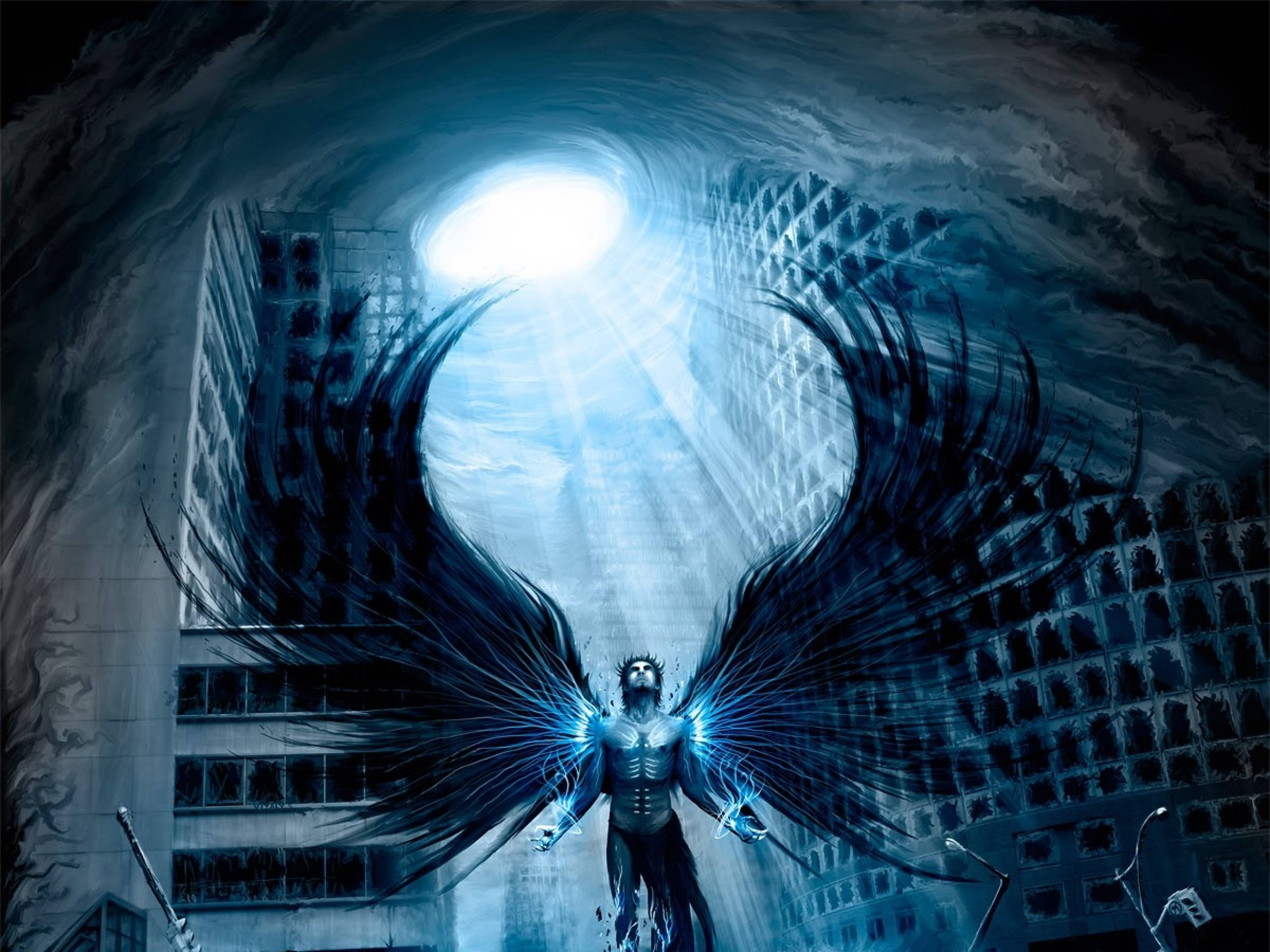 black angel wings, glowing-winged figure, ruined cityscape, 2K Desktop Wallpaper