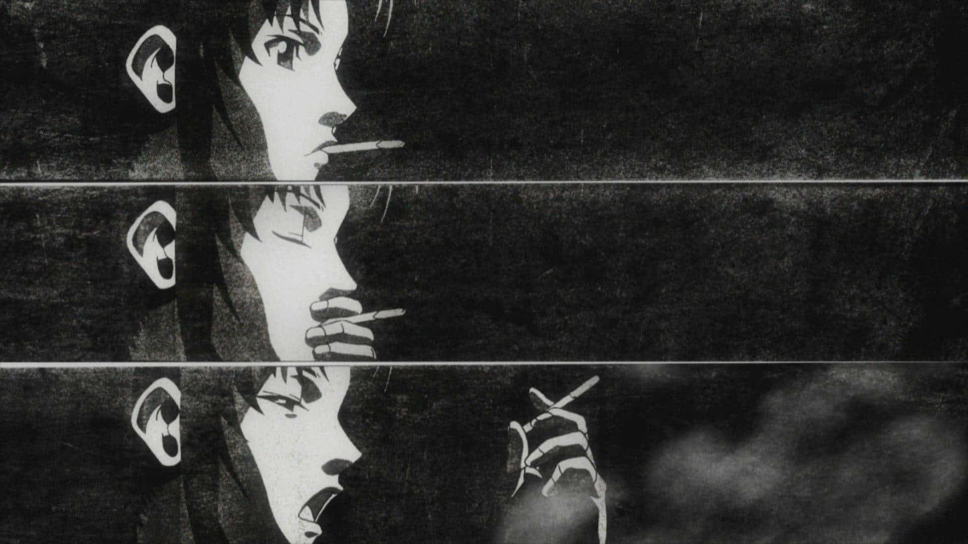 black anime aesthetic pc, black and white anime portrait, person smoking, Full HD Desktop Wallpaper