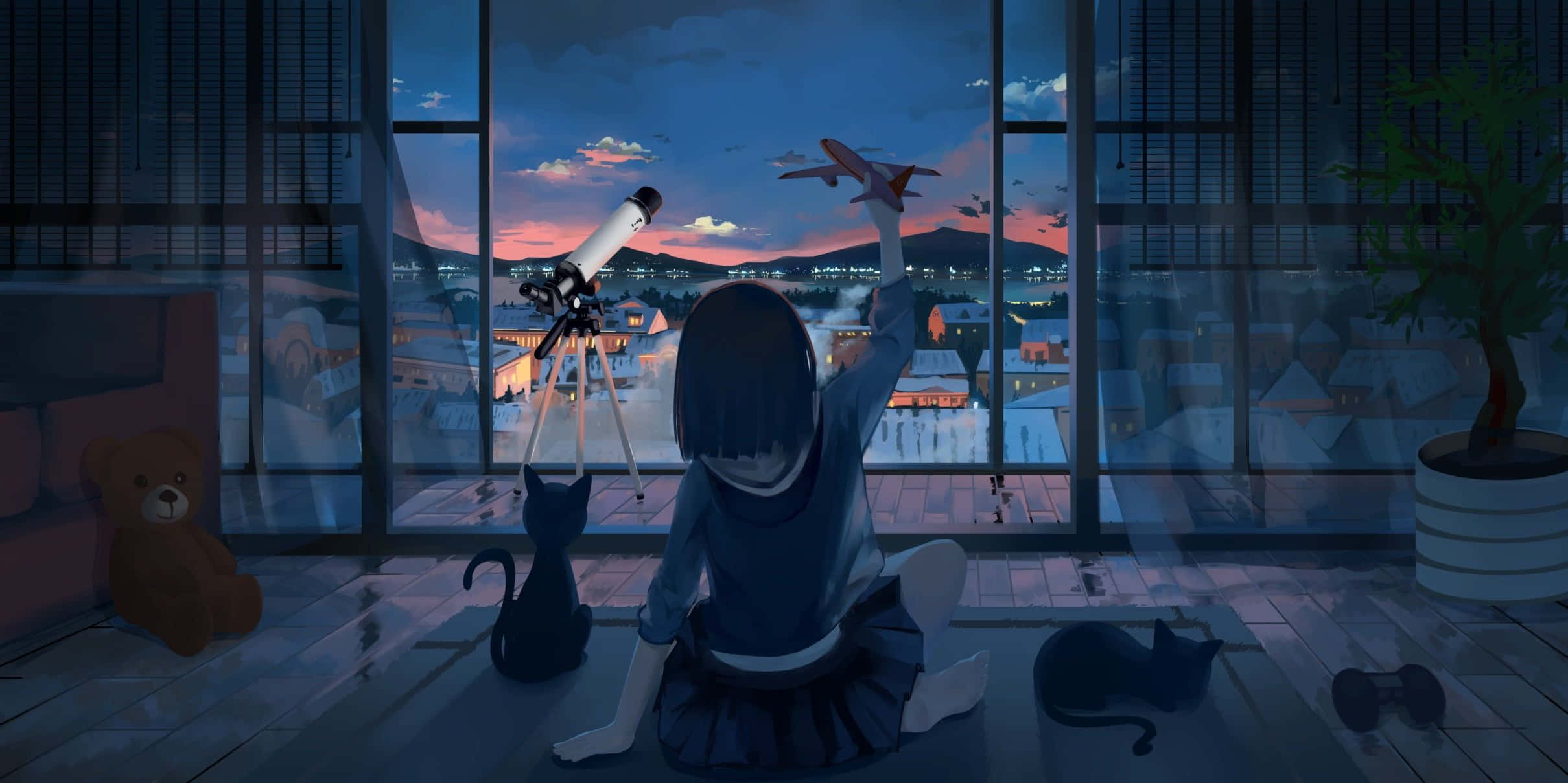 girl, floor, large window, Full HD Desktop Wallpaper