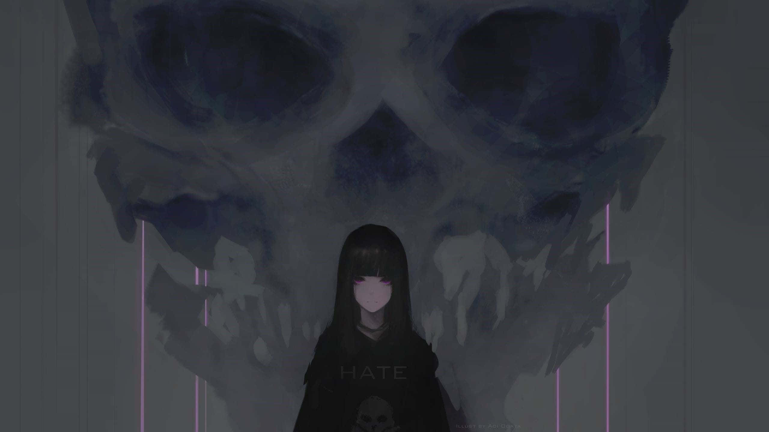 dark anime girl, glowing eyes, looming skull shadow, 2K Desktop Wallpaper