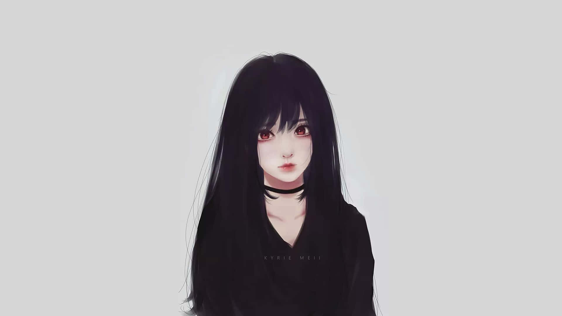 black choker, long black hair, red eyes, Full HD Desktop Wallpaper