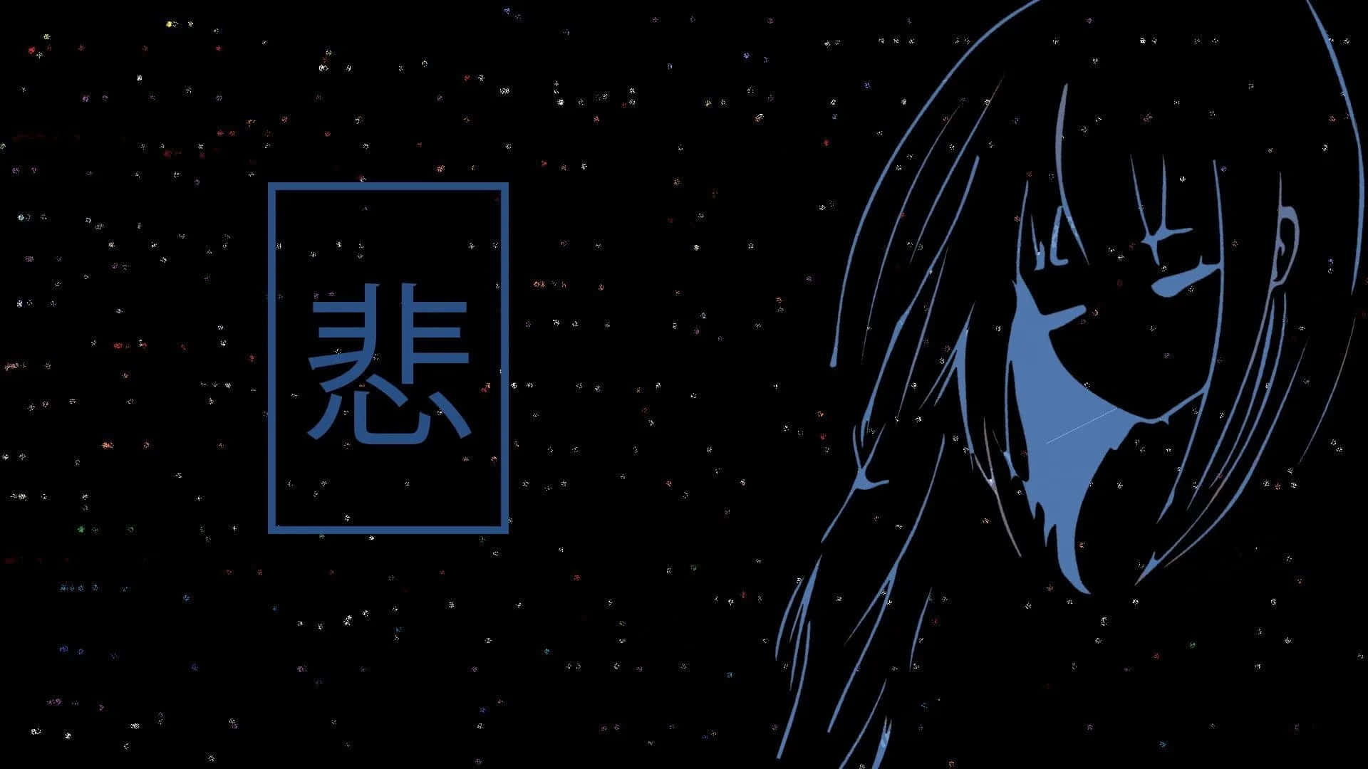 blue line-art anime girl, glowing kanji character, starry black void, Full HD Desktop Wallpaper