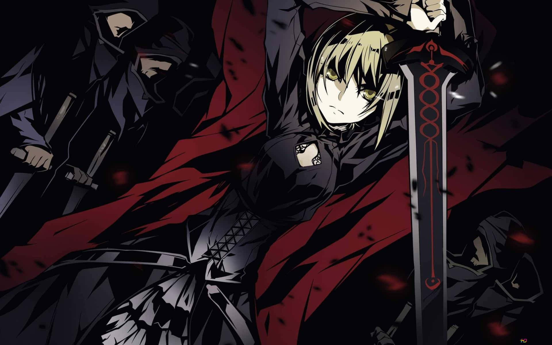 blonde anime warrior, red cloak, sword, Full HD Desktop Wallpaper