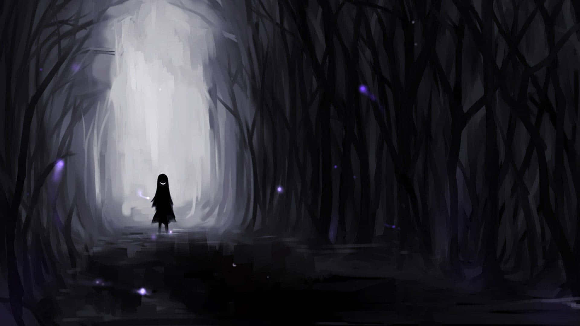 Black Anime Aesthetic Pc, glowing smile, dark forest, Full HD Desktop Wallpaper