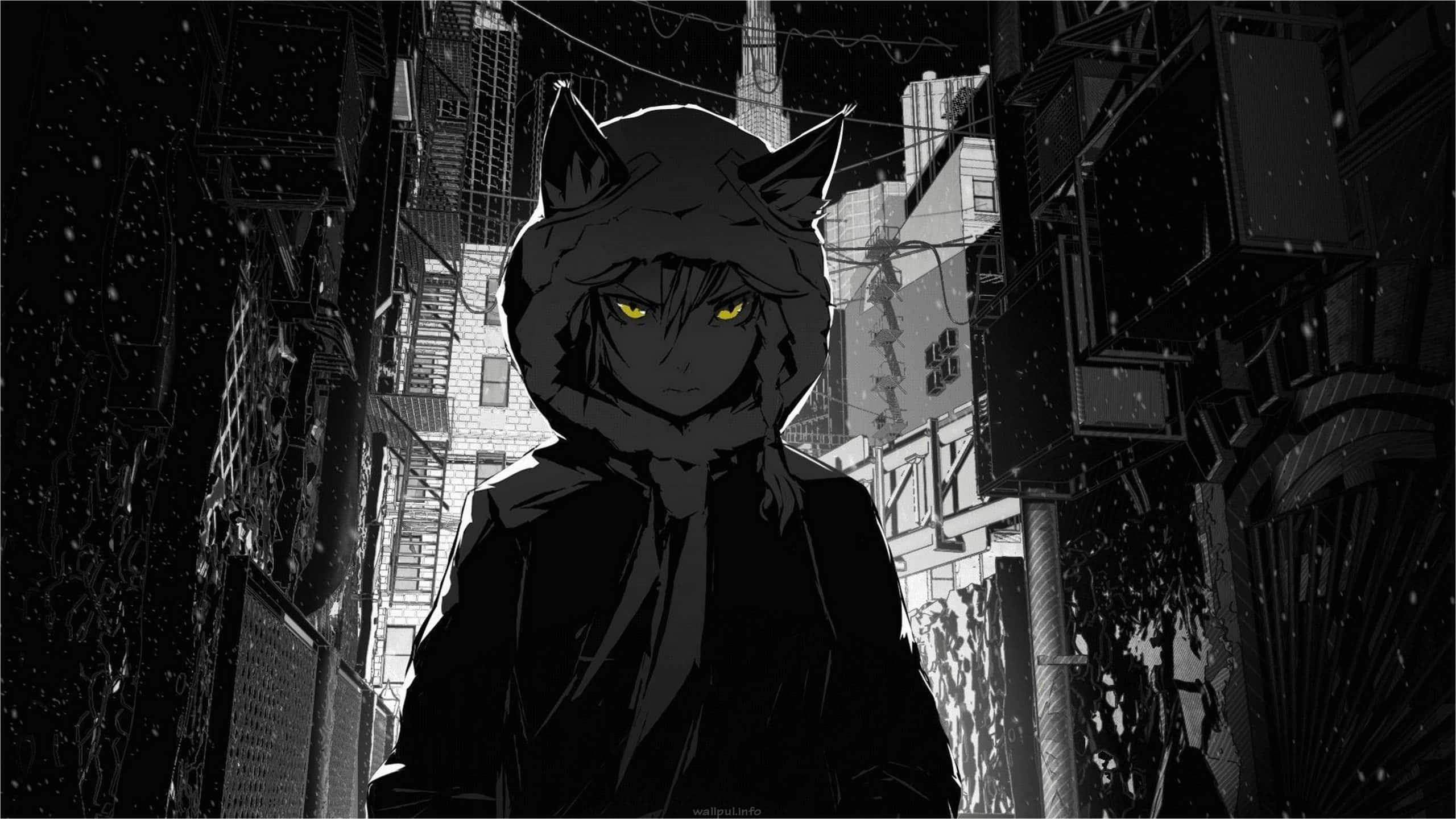 angry girl, cat-eared anime figure, glowing yellow eyes, 2K Desktop Wallpaper
