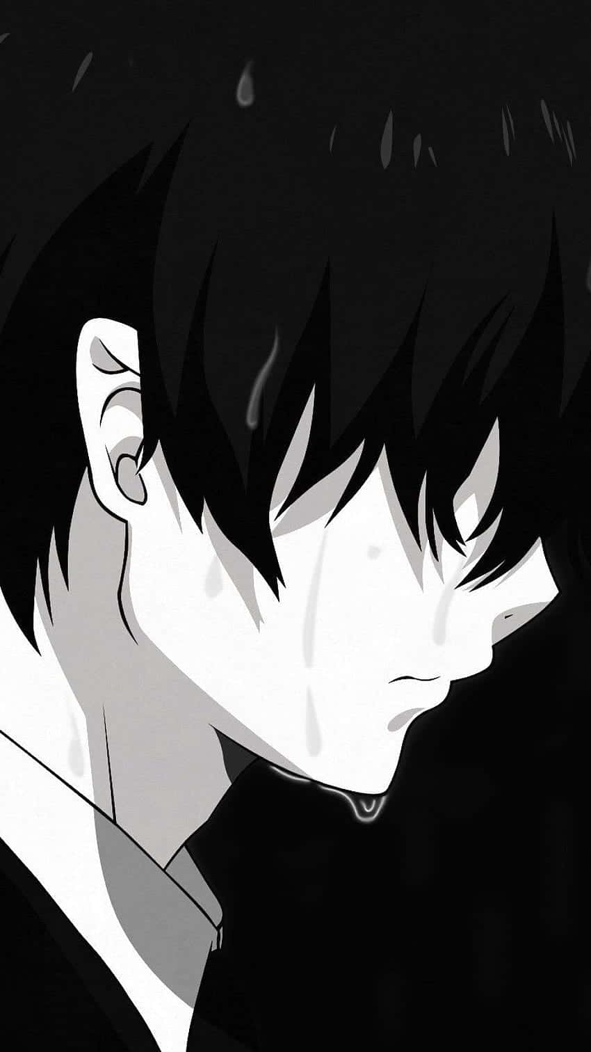 crying boy, spiky hair, black and white anime portrait, HD Phone Wallpaper