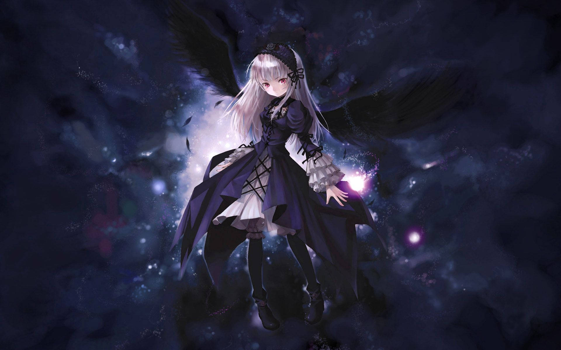 black angel, pale-haired anime girl, black wings, Full HD Desktop Wallpaper
