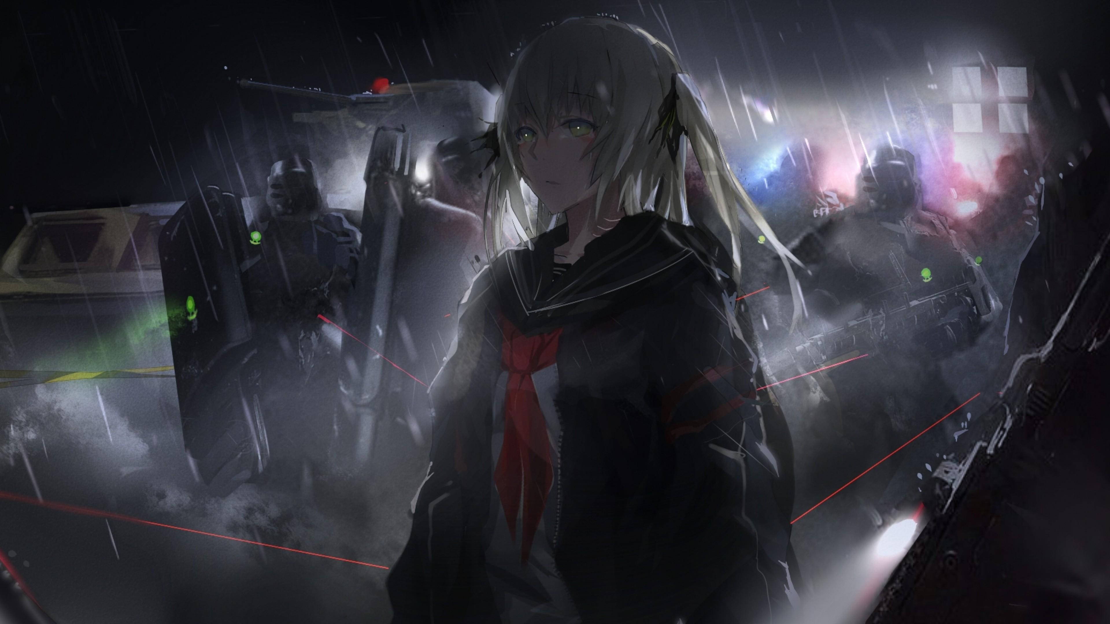 school girl, dark school uniform, rainy night scene, 4K Desktop Wallpaper