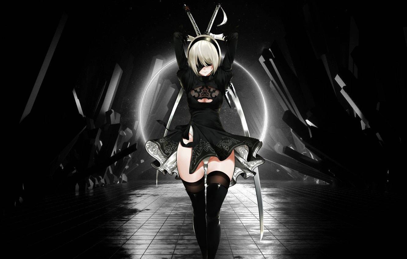 2B, anime girl, white hair, HD Desktop Wallpaper