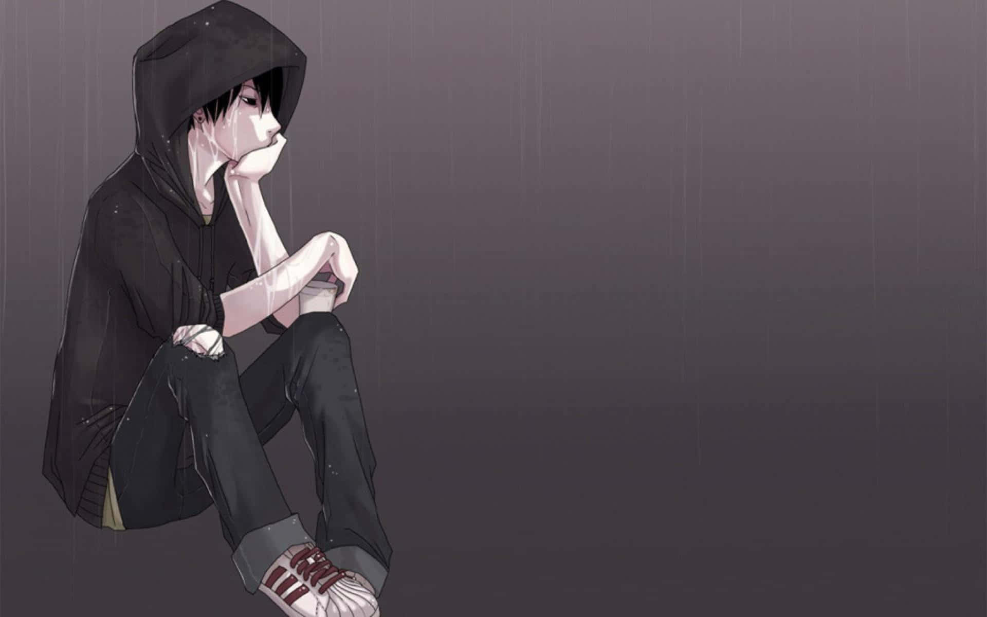 anime teen, black hoodie, rain, Full HD Desktop Wallpaper
