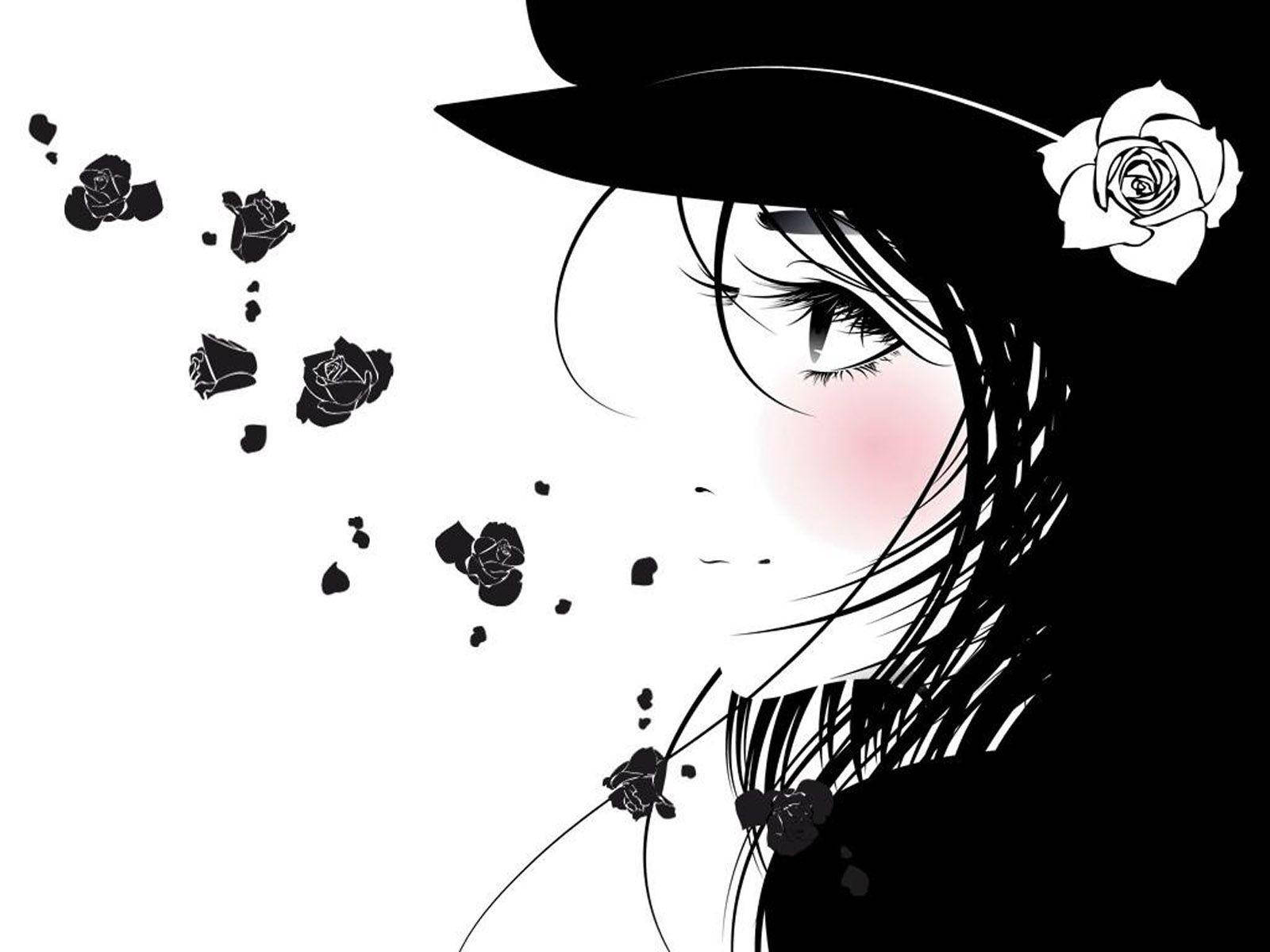black anime girl, white rose, black hat, HD Desktop Wallpaper