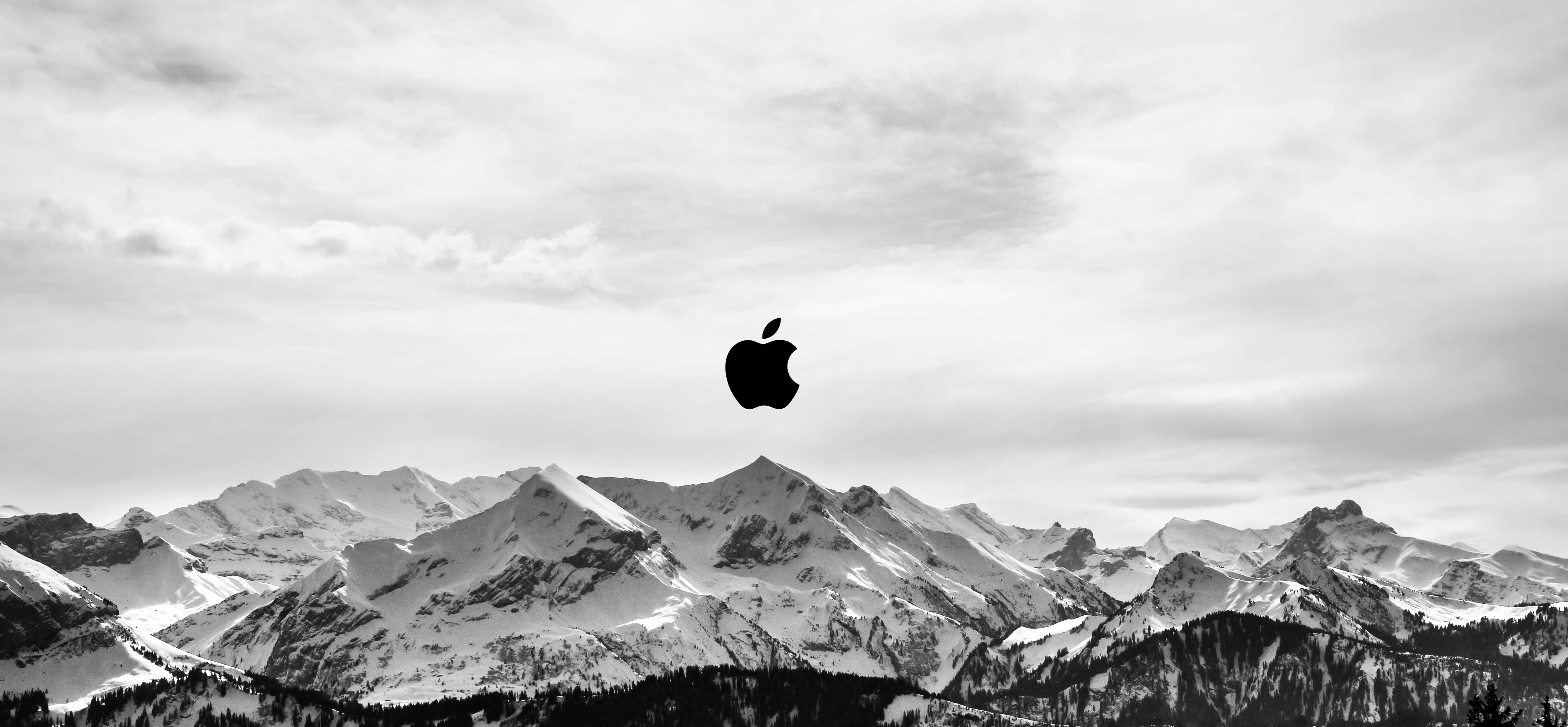 Black Apple Logo, mountain range, snow-covered, 5K Desktop Wallpaper
