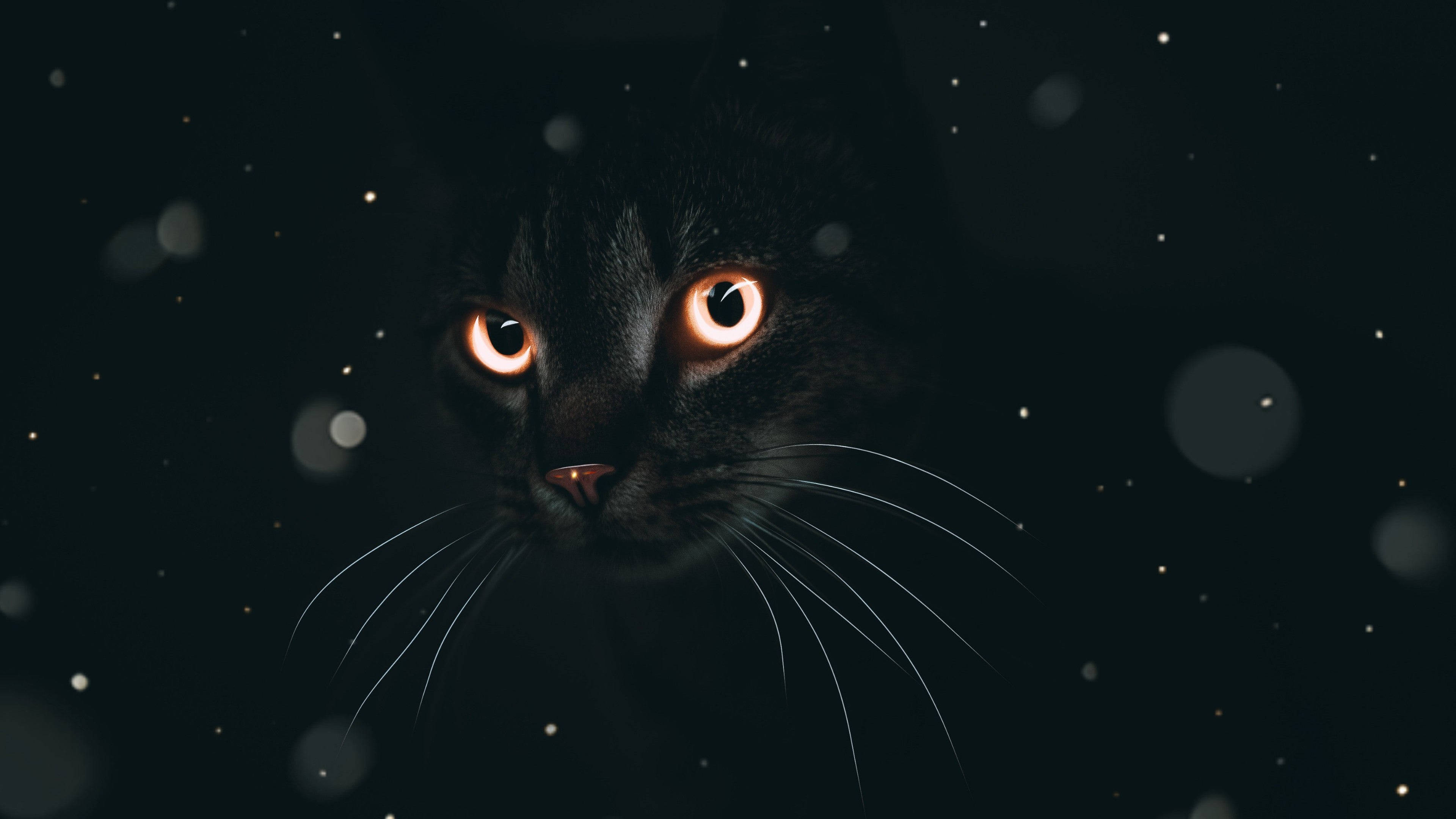 black cat, glowing orange eyes, darkness, 4K Desktop Wallpaper