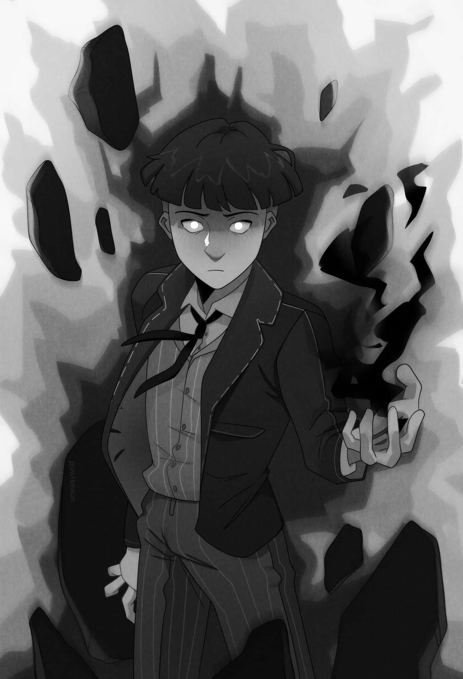 monochrome anime boy, suit, shattered dark fragments, Full HD Phone Wallpaper