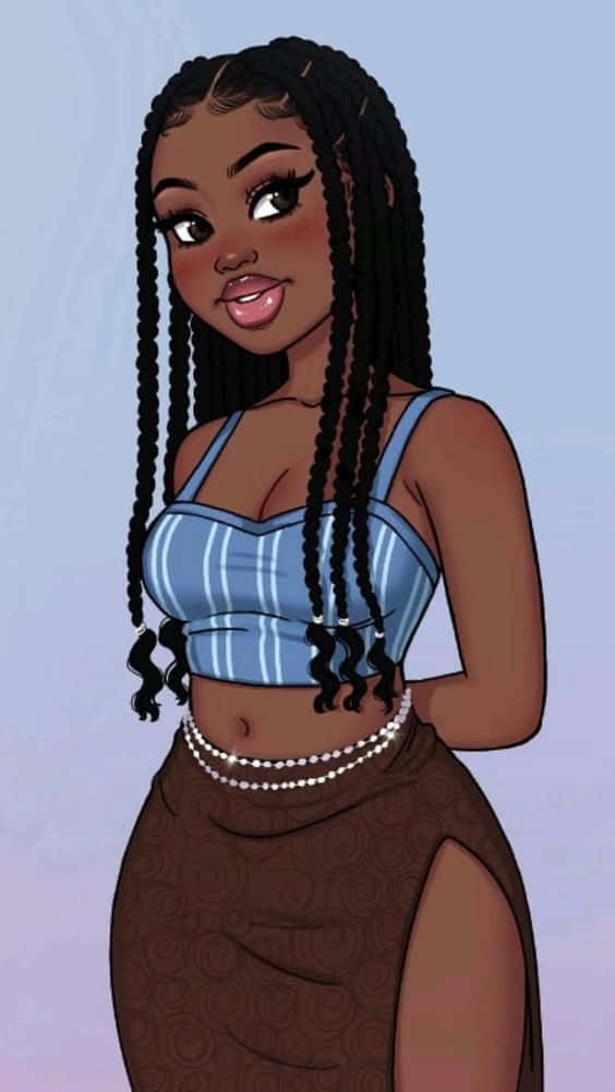 Black Baddie, blue striped crop top, patterned brown skirt, SD Phone Wallpaper
