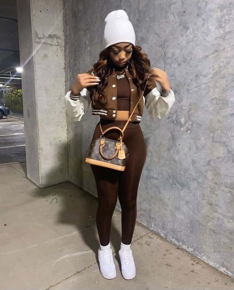 brown cropped jacket, matching leggings, white beanie, SD Phone Wallpaper