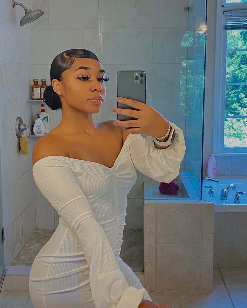 Black Baddie, white off-shoulder dress, bright tiled bathroom, SD Phone Wallpaper