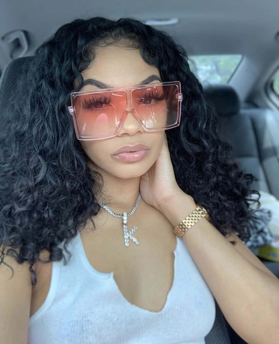pink sunglasses, voluminous curls, car, SD Phone Wallpaper