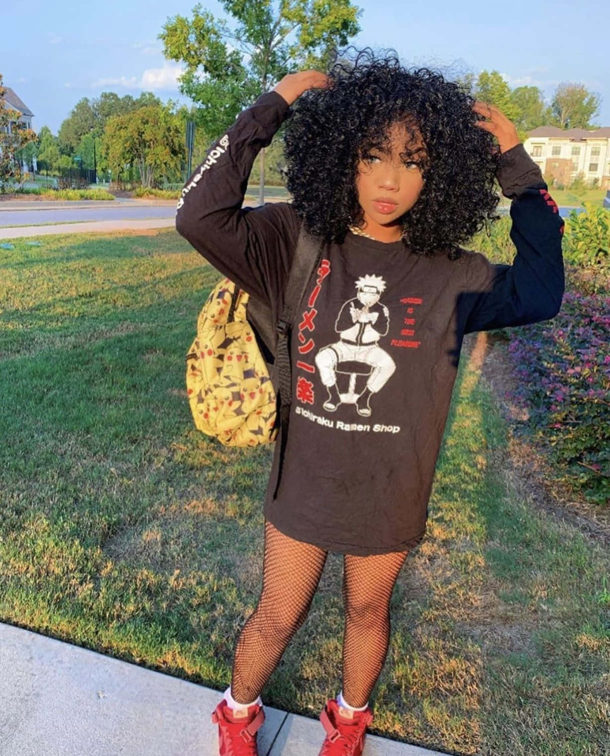 Naruto-themed shirt, red sneakers, voluminous curly hair, HD Phone Wallpaper