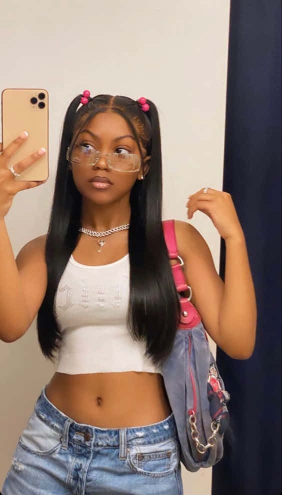 black baddie, pink-tipped pigtails, clear glasses, SD Phone Wallpaper