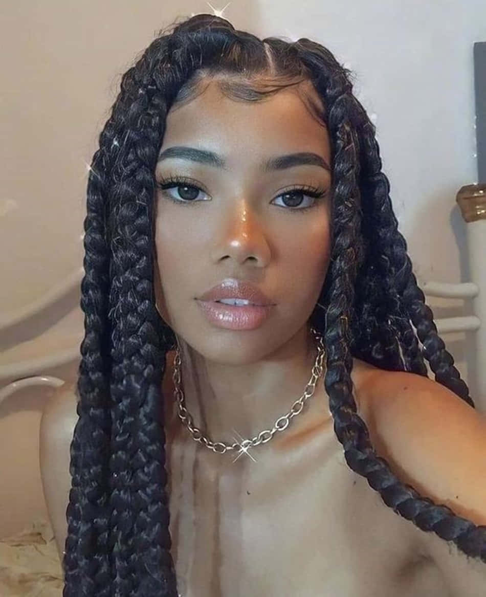 long thick black braids, gold chain necklace, close-up portrait, SD Phone Wallpaper