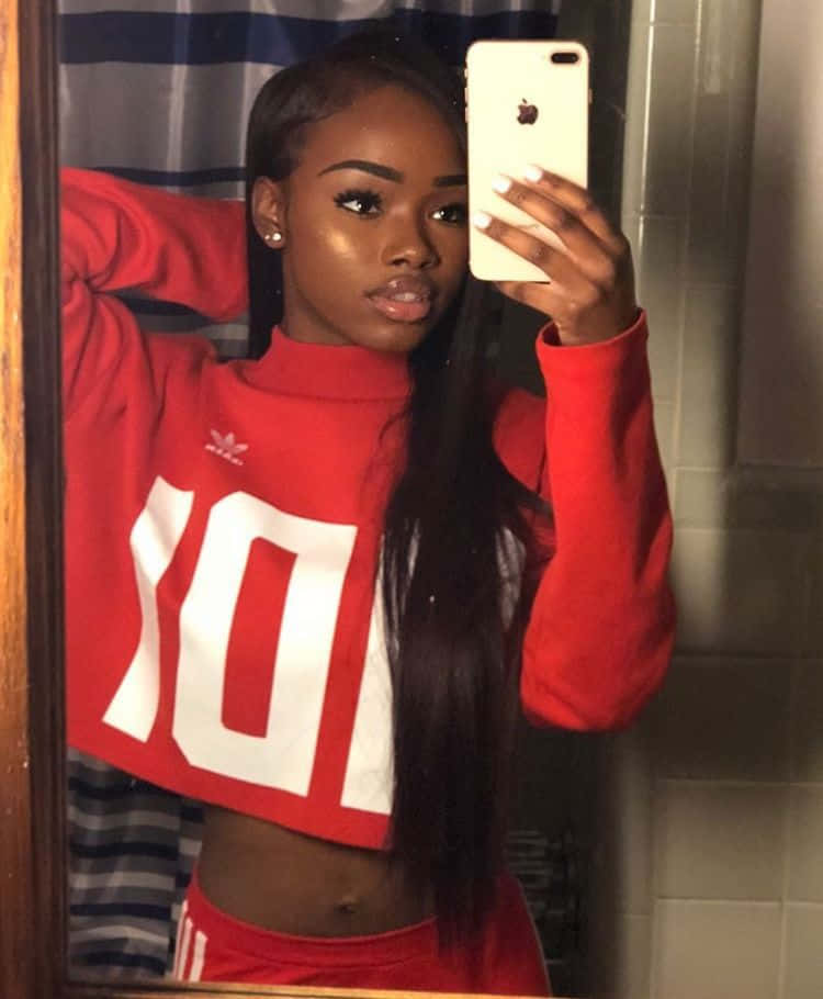 Black Baddie, red cropped sweatshirt, gold iPhone, SD Phone Wallpaper