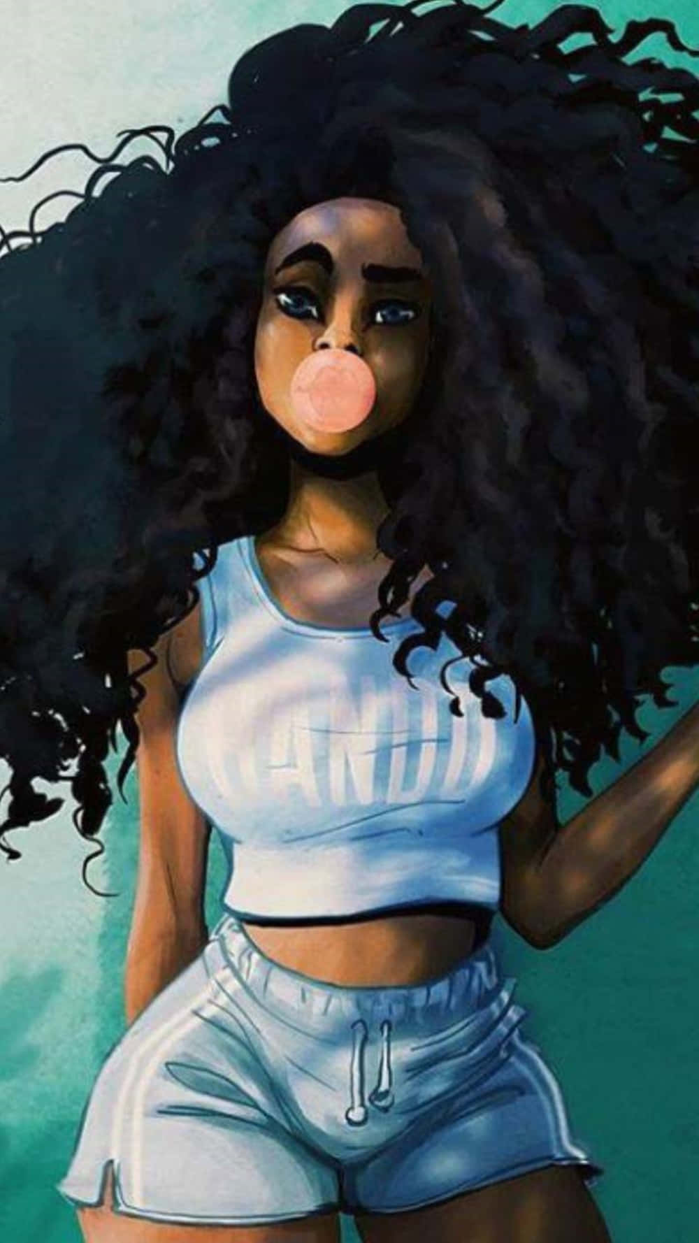 Black Baddie, voluminous black curls, pink bubblegum bubble, HD Phone Wallpaper