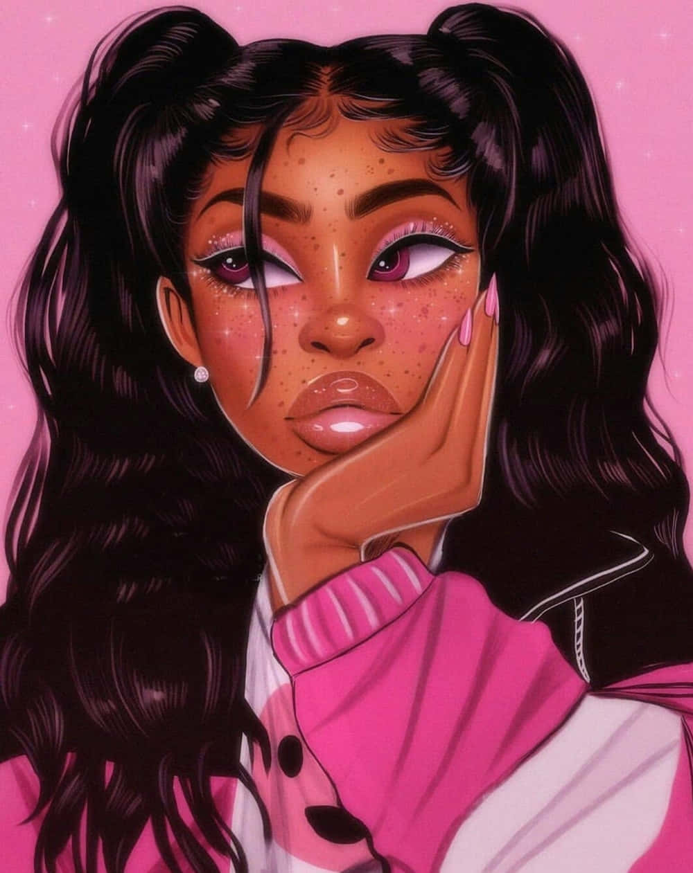 Black Baddie, freckles, pigtails, SD Phone Wallpaper