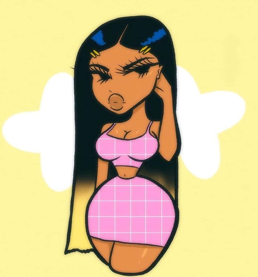 cartoon girl, long black hair, pink grid outfit, SD Phone Wallpaper
