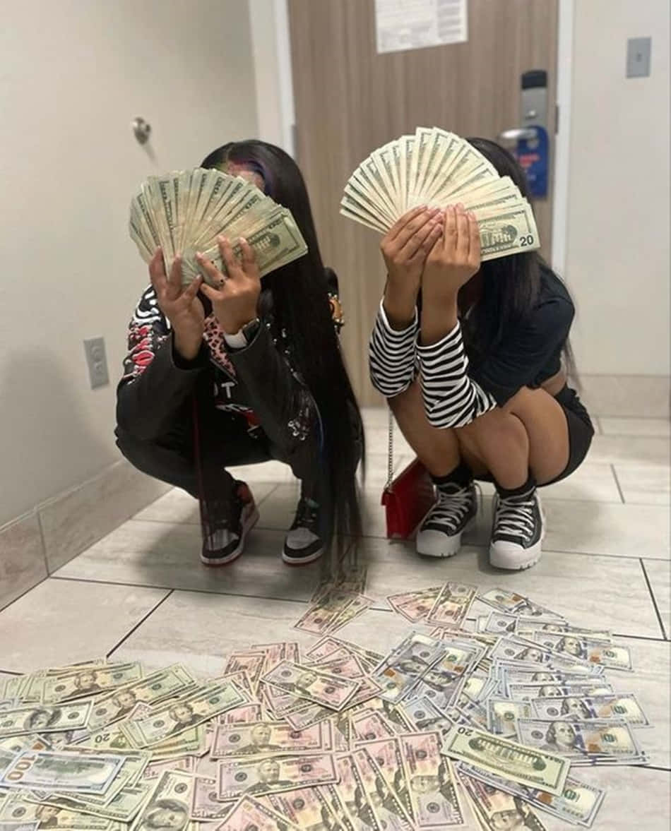 Black Baddie, tiled hallway, fanned dollar bills, SD Phone Wallpaper
