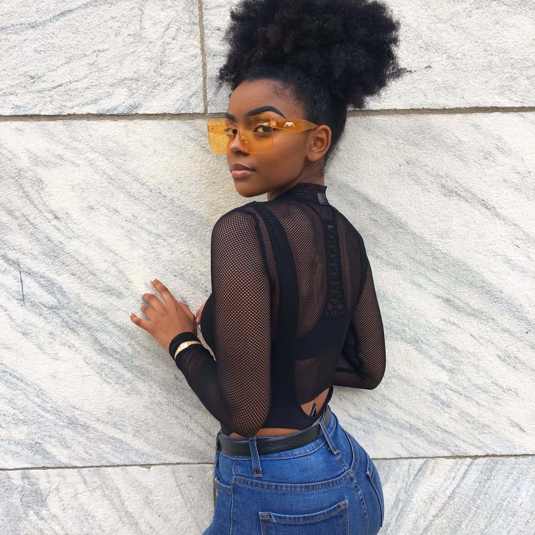 Black Baddie, afro hair, orange sunglasses, Full HD Desktop Wallpaper