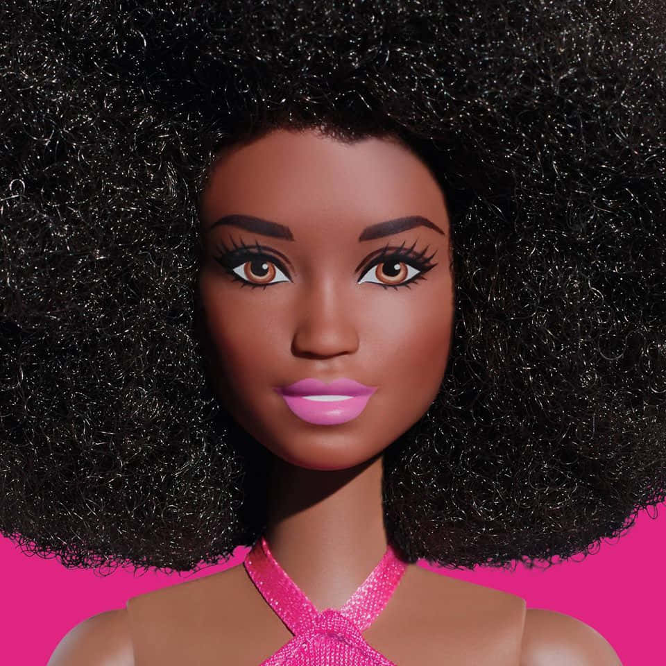 Black Barbie, voluminous curly black hair, bright pink lips, SD Desktop Wallpaper