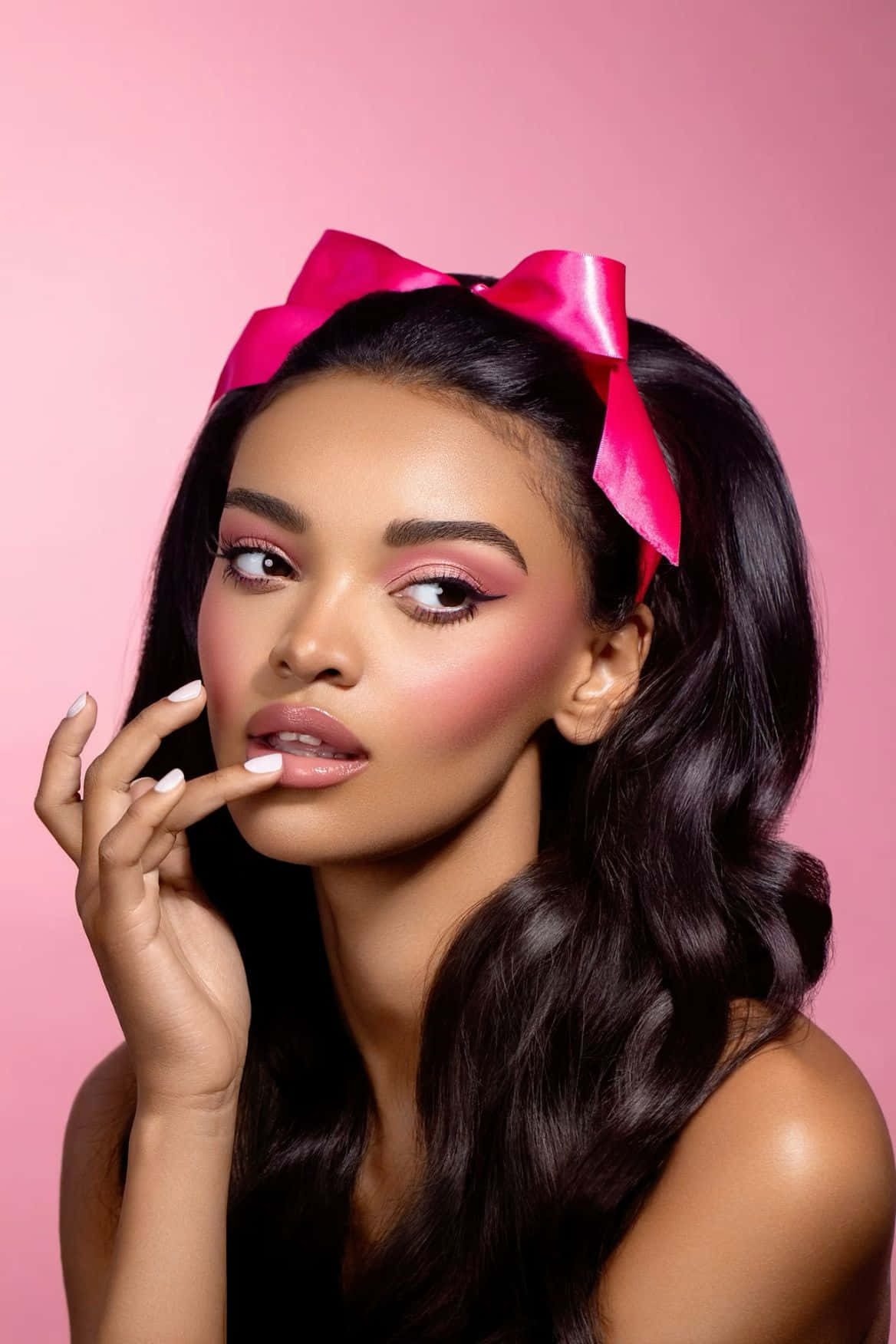 Black Barbie, long dark hair, bright pink bow, HD Phone Wallpaper