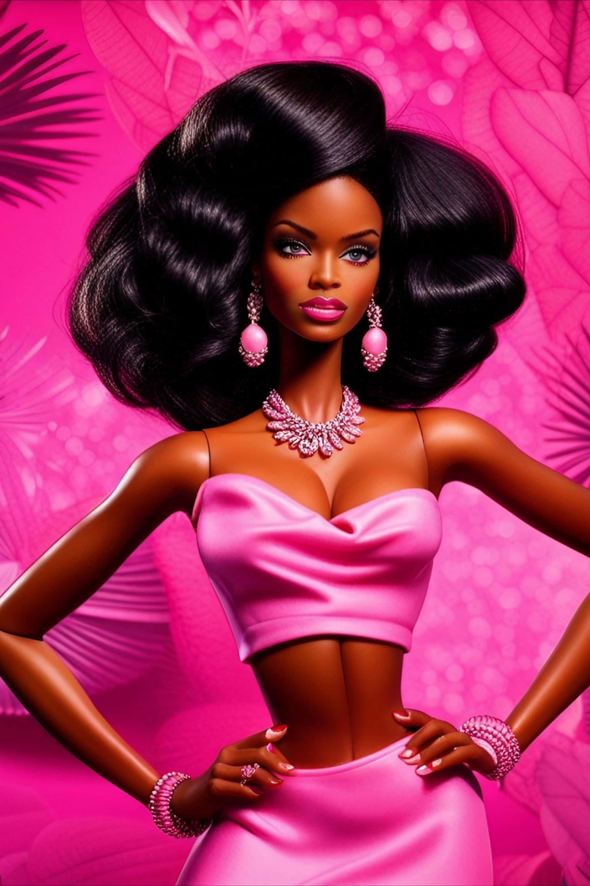 Black Barbie, pink satin outfit, vibrant pink floral backdrop, 2K Phone Wallpaper