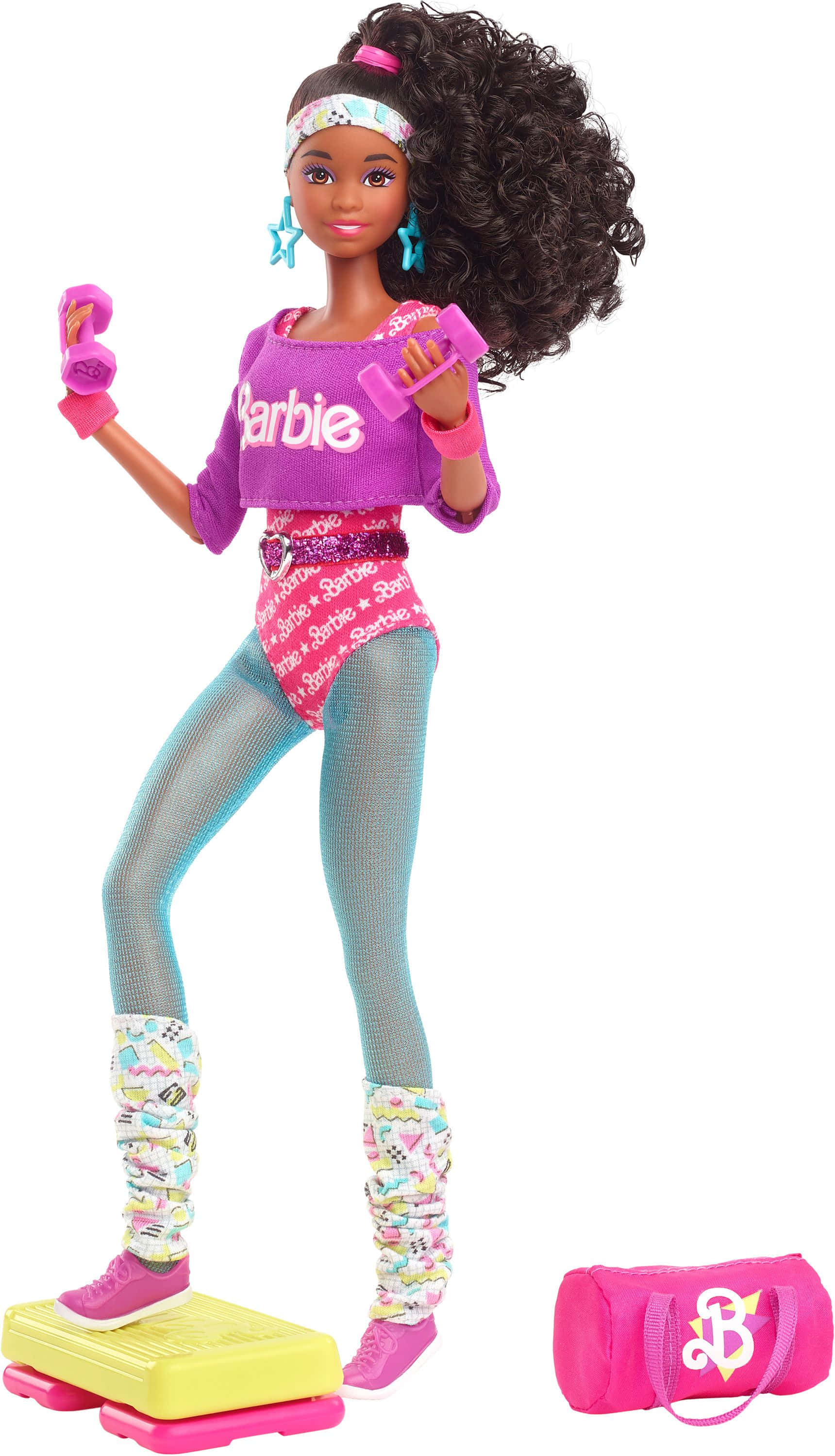 Black Barbie, vibrant pink workout gear, yellow aerobic step, 2K Phone Wallpaper