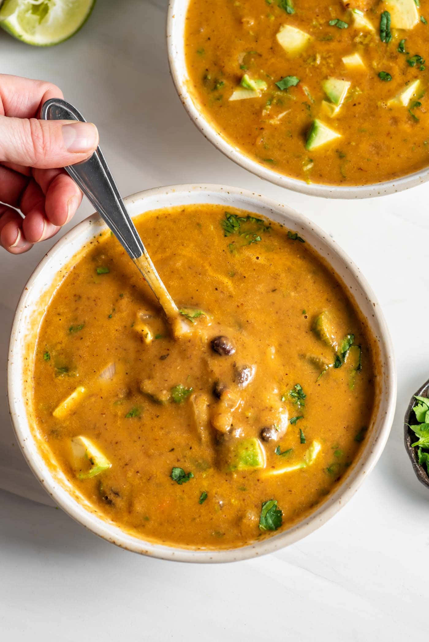black bean soup, creamy orange soup, avocado, Full HD Phone Wallpaper