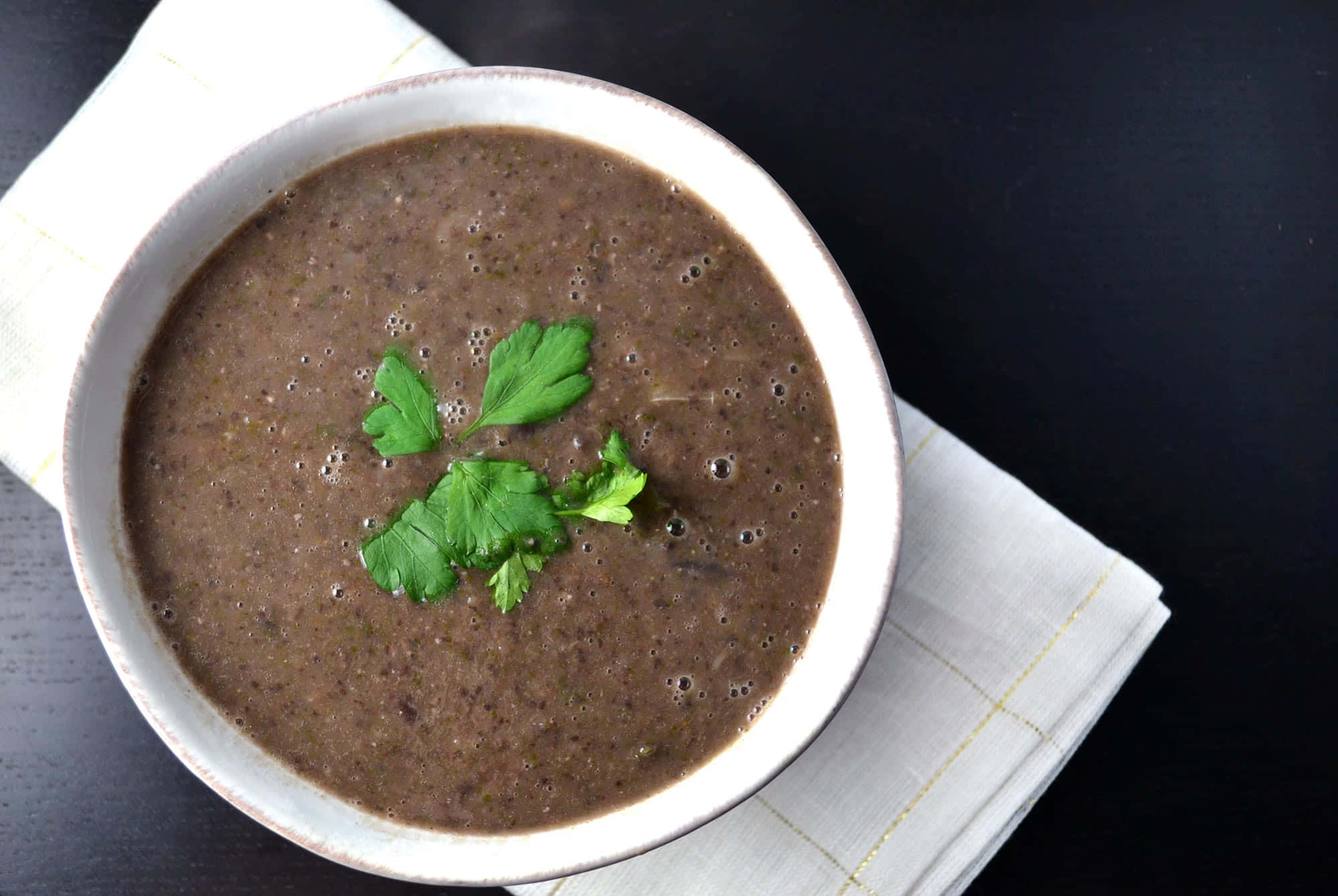 Black Bean Soup, creamy brown soup, white bowl, Full HD Desktop Wallpaper