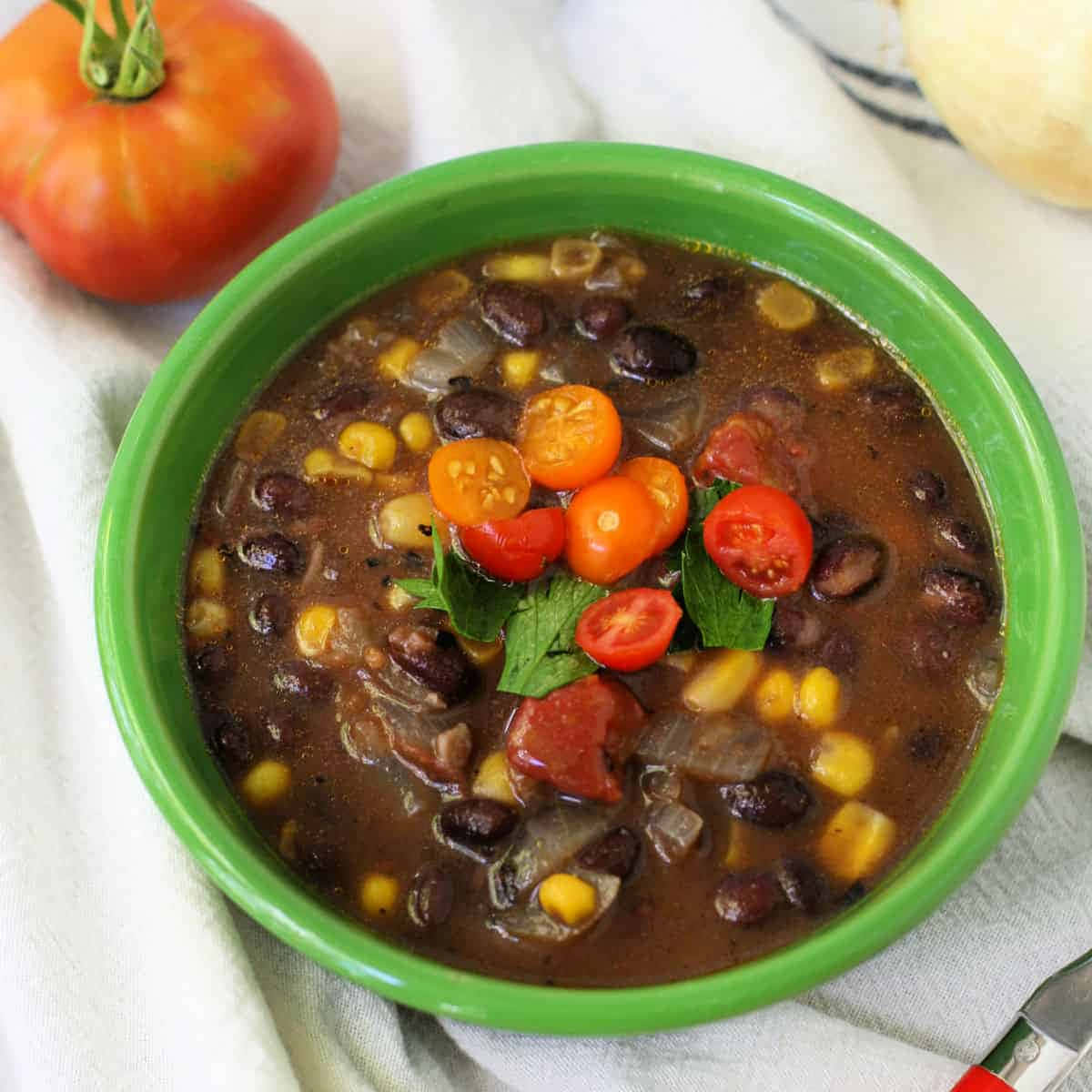 black bean soup, vibrant green bowl, cherry tomatoes, SD Desktop Wallpaper