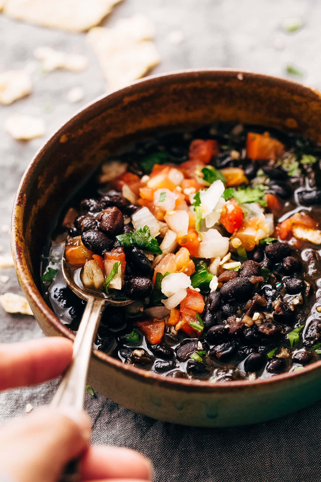 black bean soup, rustic bowl, fresh diced tomatoes, Full HD Phone Wallpaper