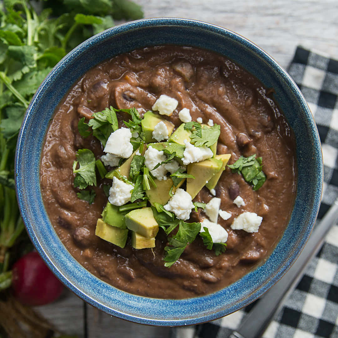 black bean soup, rustic blue bowl, rich dark refried beans, SD Desktop Wallpaper