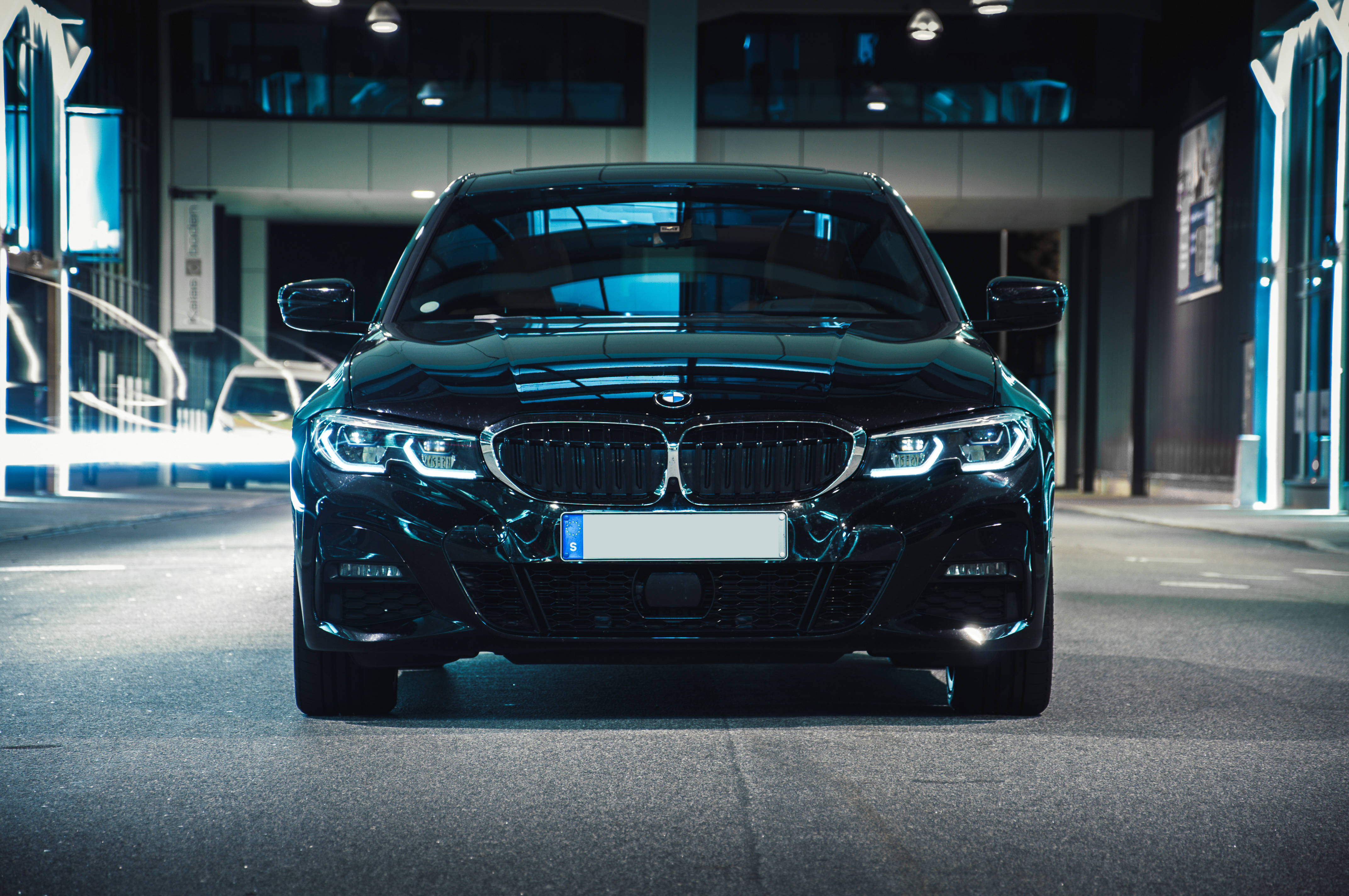 Black BMW, sedan, neon lights, 4K Desktop Wallpaper