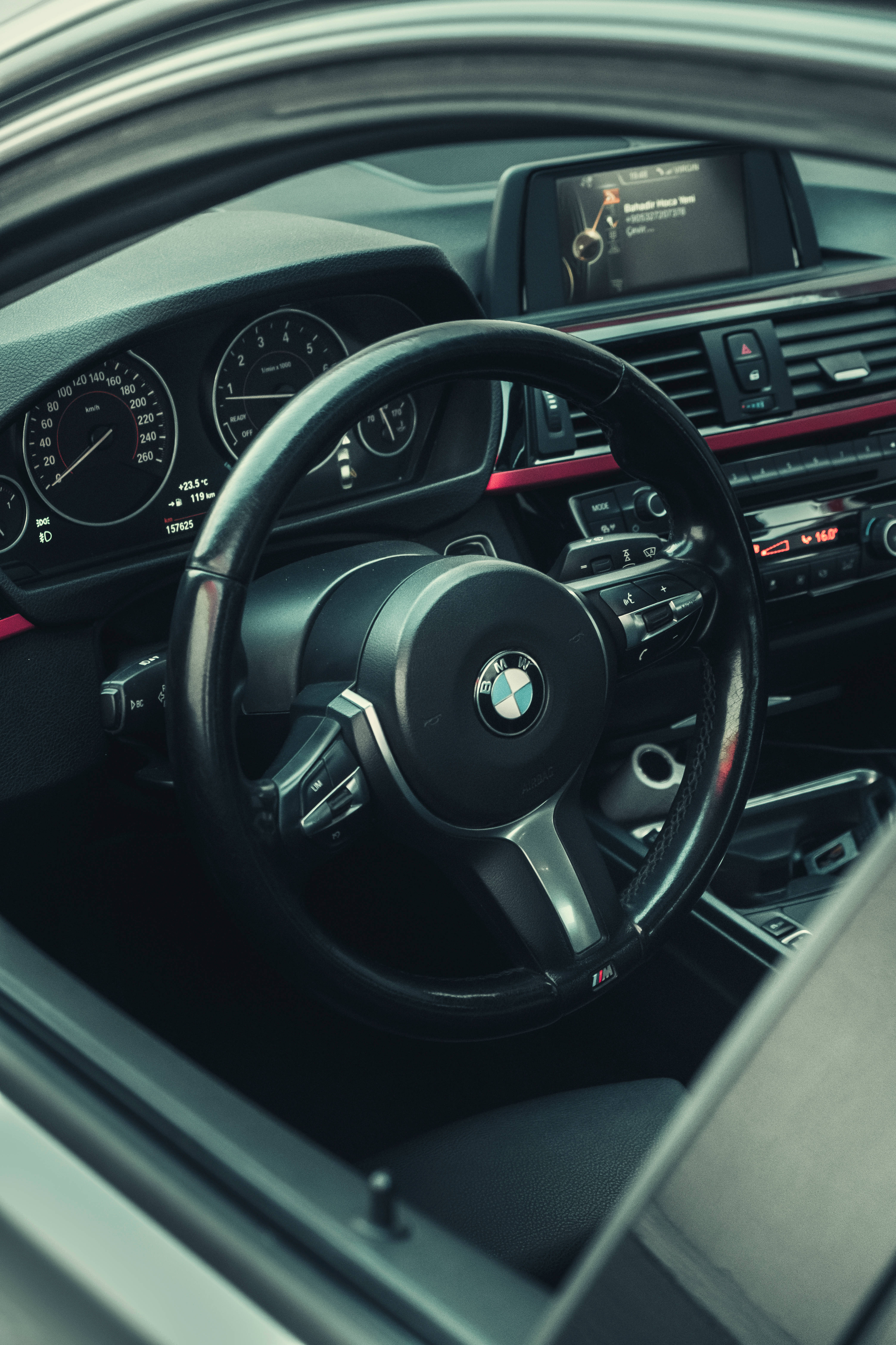 Black BMW, driver's side, sleek black BMW car interior, 5K Phone Wallpaper