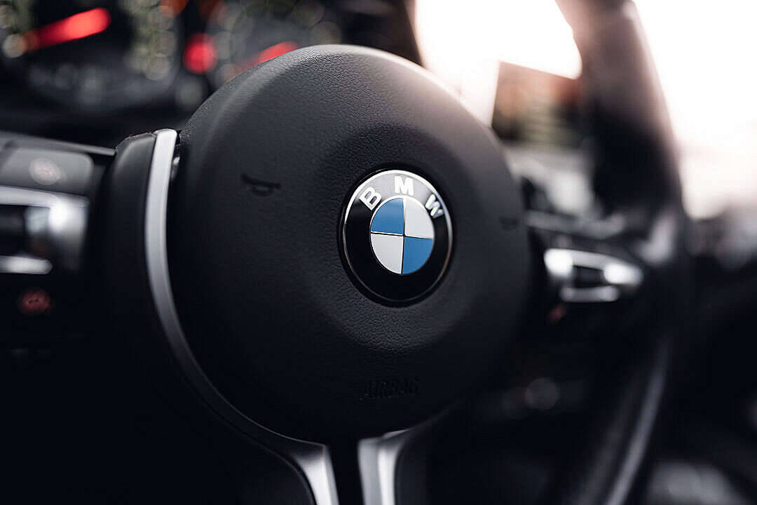 black BMW, steering wheel, logo, SD Desktop Wallpaper